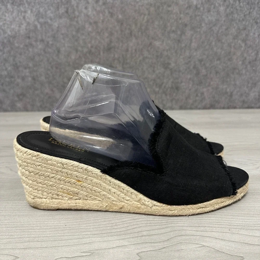 Lauren Ralph Lauren Carlynda Espadrille Wedge Women 11 Blk Linen Frayed Sandals
